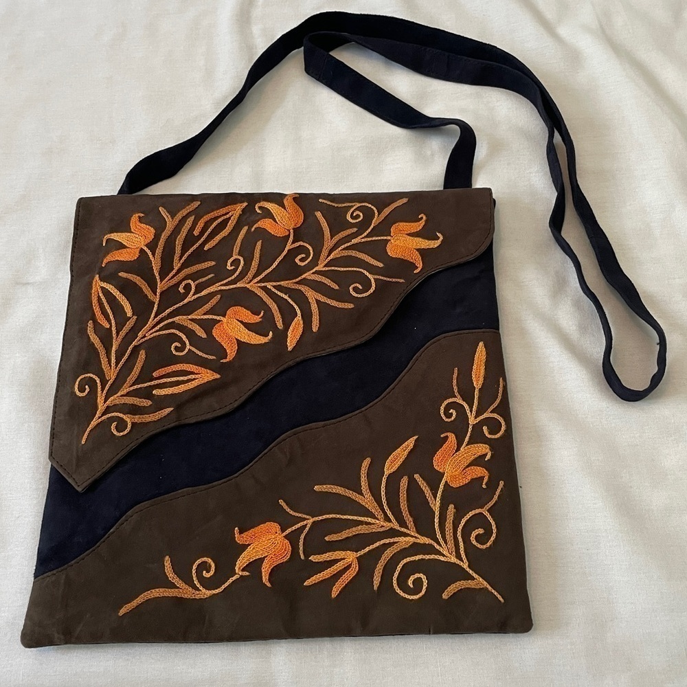 Boho Crossbody‎ Handbag Suede-Feel Embroidered Navy & Orange Floral